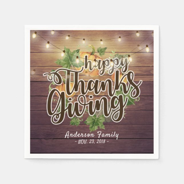 Thanksgiving Autumn Leaves Pumpkins String Lights Napkin (Front)