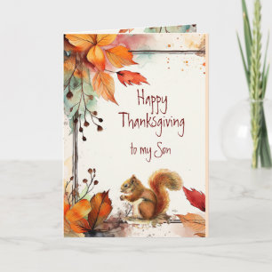 Thanksgiving Autumn Leaves Squirrel Son Holiday Card