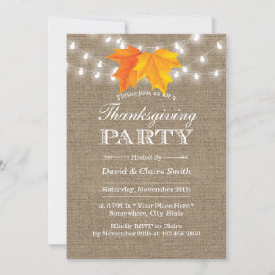 Thanksgiving Autumn Leaves String Lights Burlap Invitation
