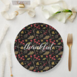Thanksgiving Autumn Leaves Thankful Script Paper Plate<br><div class="desc">Introducing the Thanksgiving Autumn Leaves Thankful Script Paper Plates! These plates are the perfect addition to your Thanksgiving gathering when you need extra dinnerware. Embrace the autumn spirit with these beautiful, autumn-themed plates featuring vibrant fall leaves and foliage in shades of greens, yellows, reds, browns, and oranges against a black...</div>