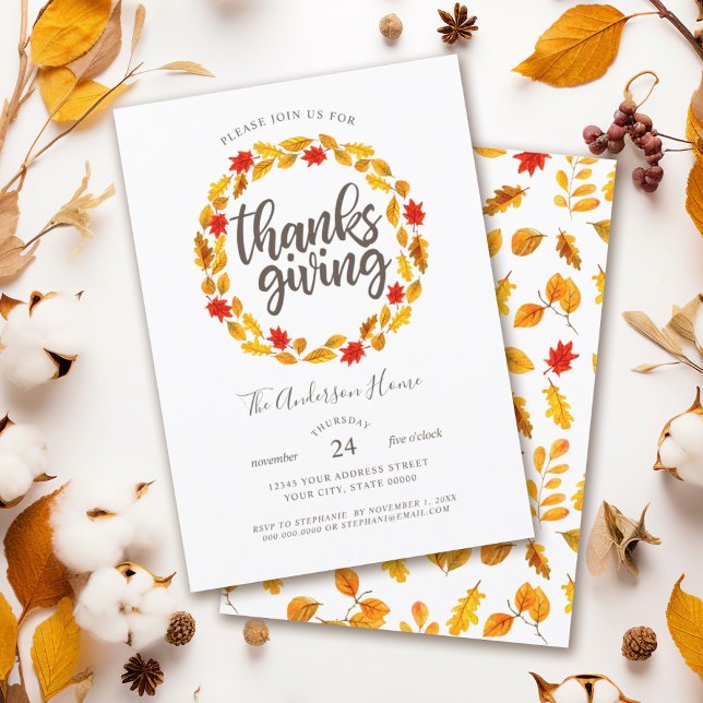 Thanksgiving Autumn Leaves Wreath Invitation (Invite your family and friends to your Thanksgiving day feast with this autumn leaf design.)