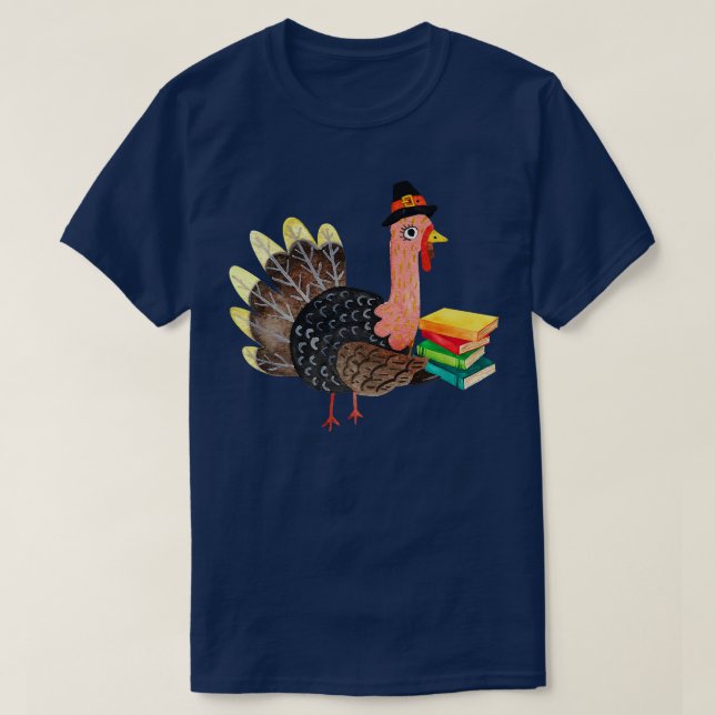 Thanksgiving Autumn Librarian Reader Funny Turkey  T-Shirt (Design Front)