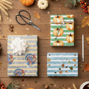Thanksgiving Autumn Pumpkin Glitter Stripes Wrapping Paper Sheet