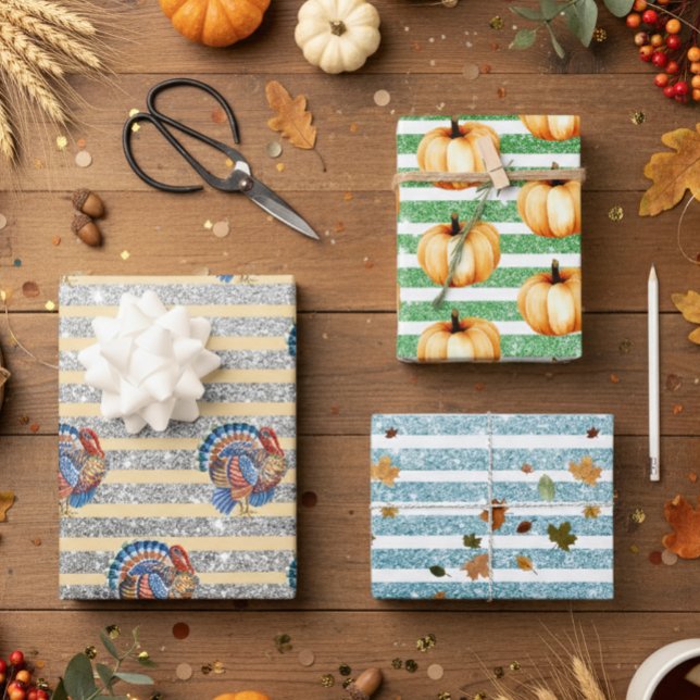 Thanksgiving Autumn Pumpkin Glitter Stripes  Wrapping Paper Sheet (Creator Uploaded)