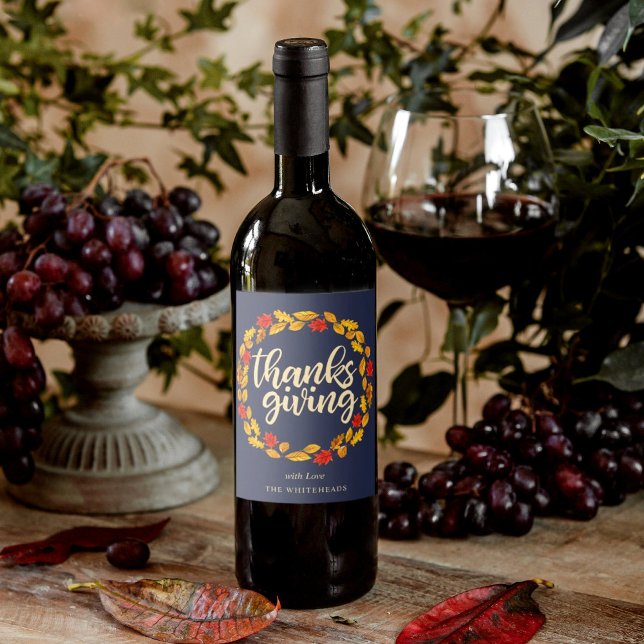 Thanksgiving Autumn Watercolor Leaf Wreath Wine Label (Watercolor golden yellow and red leaf wreath for a cute Thanksgiving Wine label.)