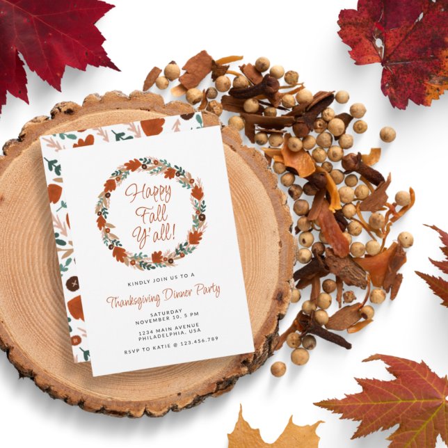 Thanksgiving Autumn Wreath Happy Fall Y’all Dinner Invitation (Creator Uploaded)