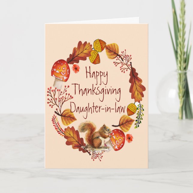 Thanksgiving Autumn Wreath Squirre Daughter-in-law Holiday Card (Front)