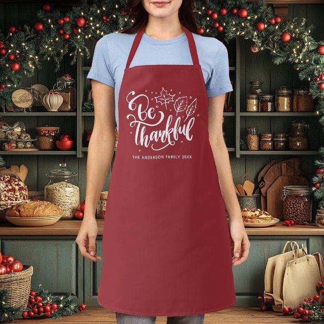 Thanksgiving Be Thankful Script Harvest Burgundy Apron (Creator Uploaded)
