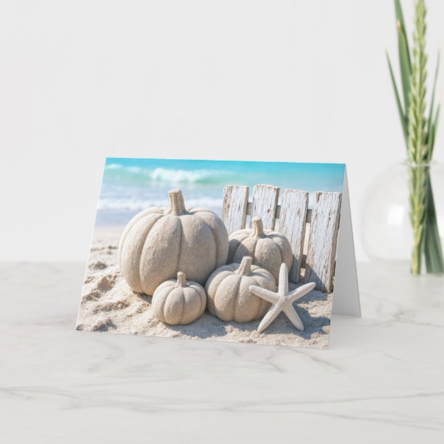 Thanksgiving Beach Sand Pumpkins Card (Front)