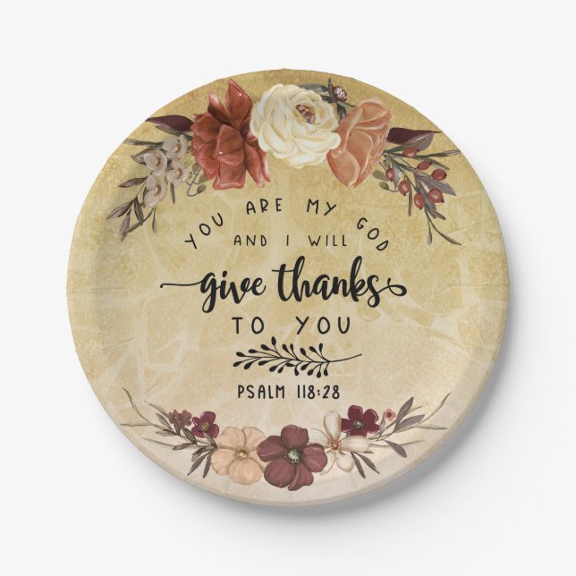 Thanksgiving Bible Verse I will give thanks Floral Paper Plate (Front)