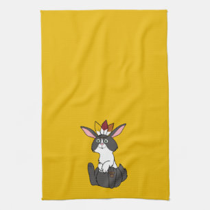Thanksgiving Black & White Rabbit with Headdress Tea Towel