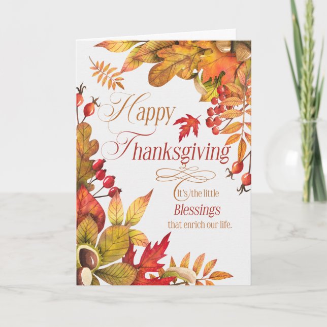 Thanksgiving Blessings Autumn Leaves Acorns Holiday Card (Front)