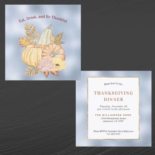 Thanksgiving Blue Pumpkins Floral Watercolor Invitation (Creator Uploaded)