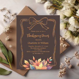 Thanksgiving bow bistre brown leaves invitation