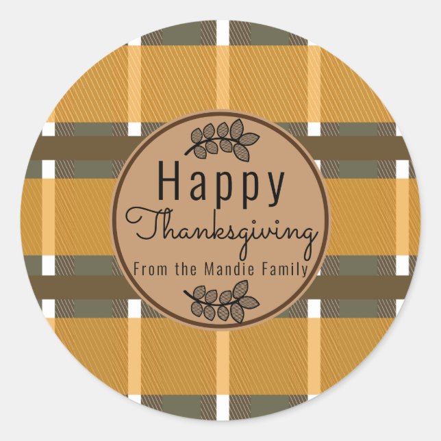 Thanksgiving Branch Plaid  Pattern Sweet Gift Classic Round Sticker (Front)