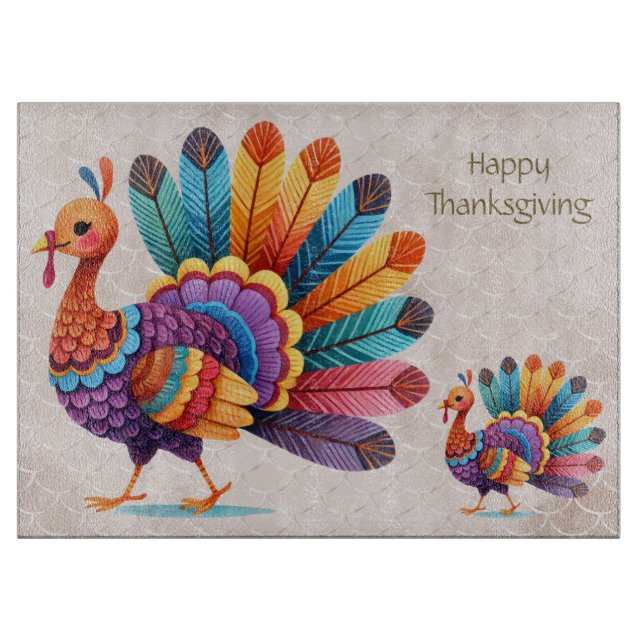 Thanksgiving Bright Feathers Turkey Cutting Board (Front)