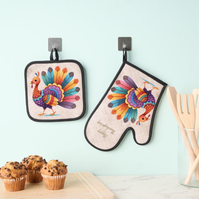 Thanksgiving Bright Feathers Turkey Oven Mitt & Pot Holder Set (Insitu(Hanging))
