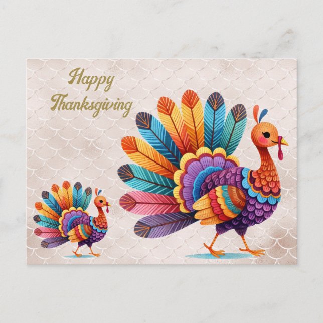 Thanksgiving Bright Feathers Turkey Postcard (Front)