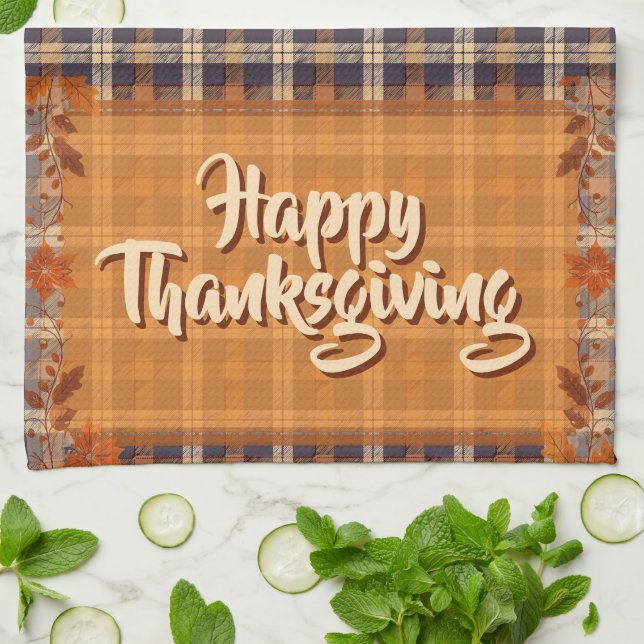 Thanksgiving Brown Plaid Tea Towel (Folded)