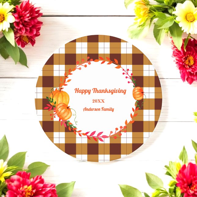 Thanksgiving Brown White Plaid Pumpkin  Round Paper Coaster (Creator Uploaded)