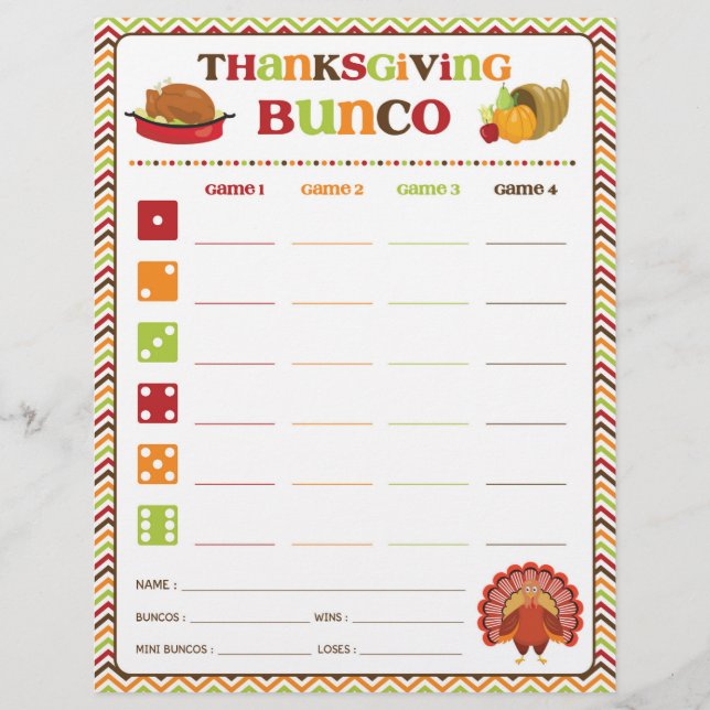 Thanksgiving Bunco Party Game Score Card (Front)