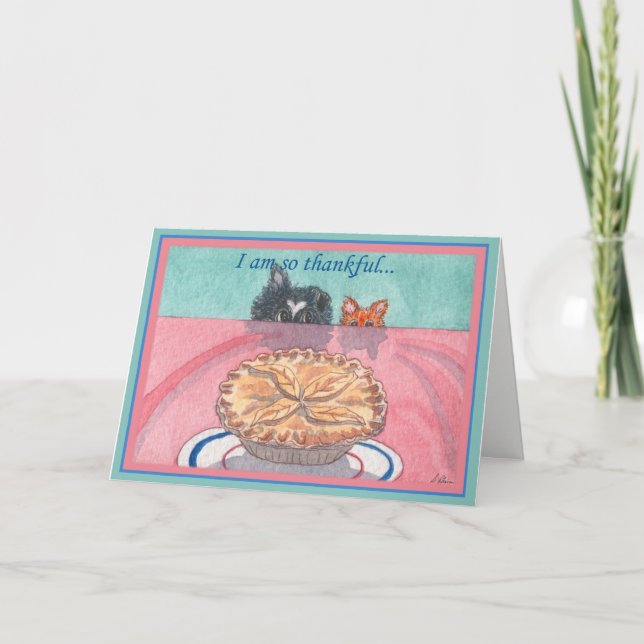 Thanksgiving card, dog & cat planning a pie heist holiday card (Front)