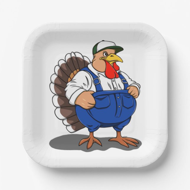 Thanksgiving, Cartoon Farmer Turkey, Paper Plate (Front)