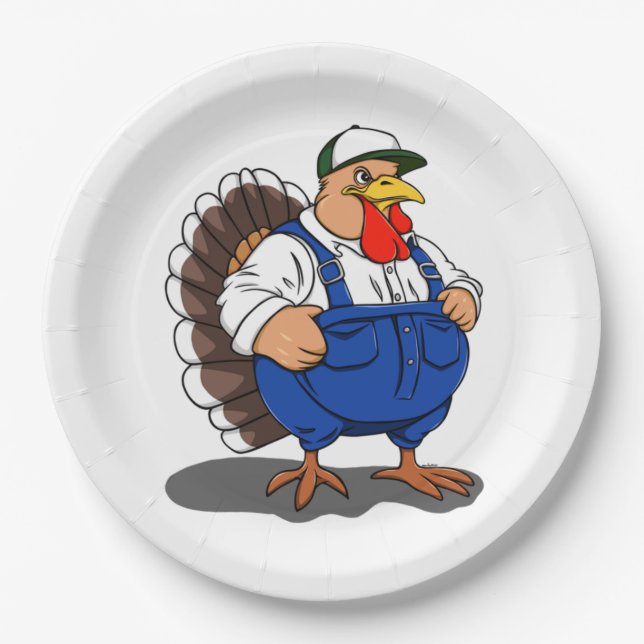 Thanksgiving, Cartoon Farmer Turkey, Paper Plate (Front)
