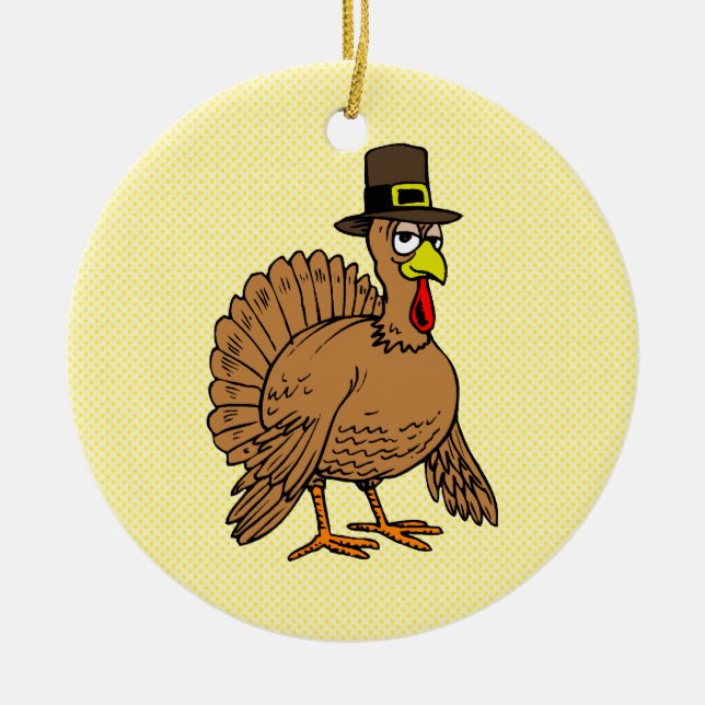 Thanksgiving Cartoon Turkey Pilgrim Ceramic Tree Decoration (Front)