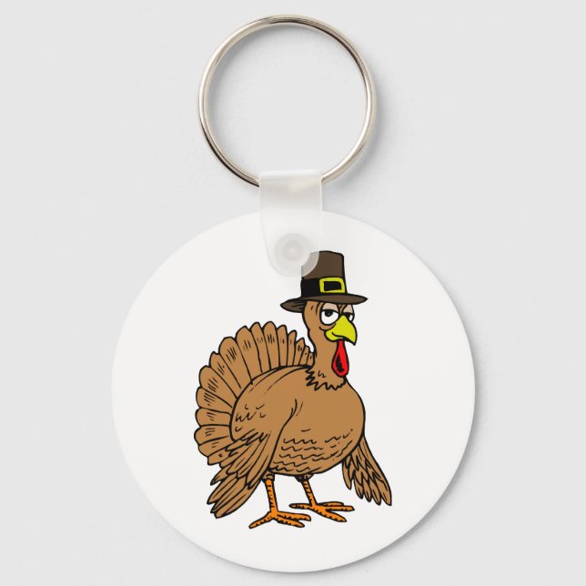 Thanksgiving Cartoon Turkey Pilgrim Key Ring (Front)