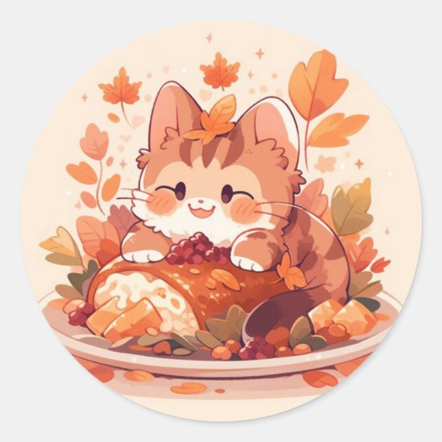 Thanksgiving Cat Classic Round Sticker (Front)
