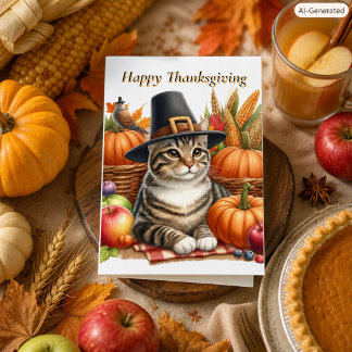 Thanksgiving Cat with Pumpkins Family Holiday  Card