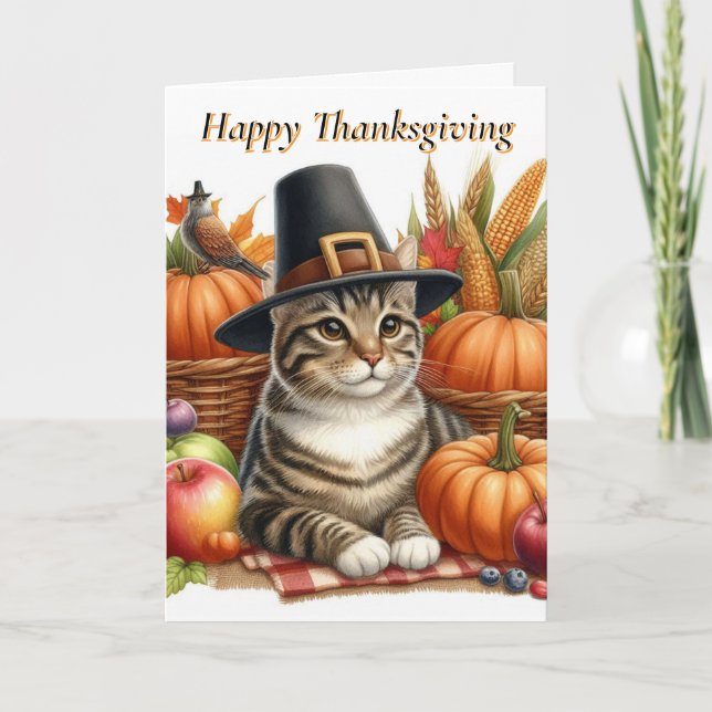 Thanksgiving Cat with Pumpkins Holiday  Card (Front)