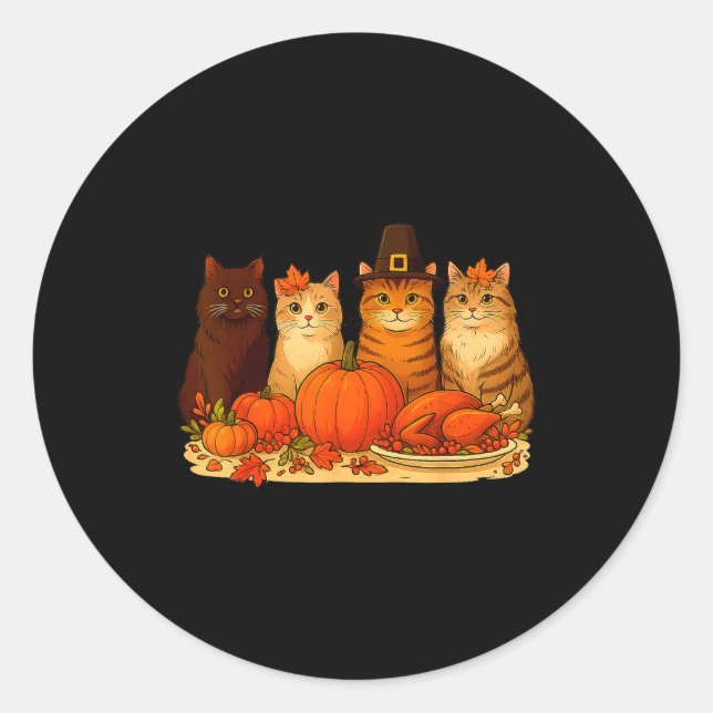 Thanksgiving Cats Dinner Pumpkin Autumn Men Women  Classic Round Sticker (Front)