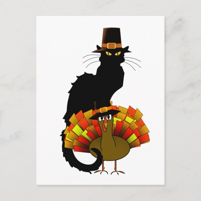 Thanksgiving Chat Noir with Turkey Holiday Postcard (Front)