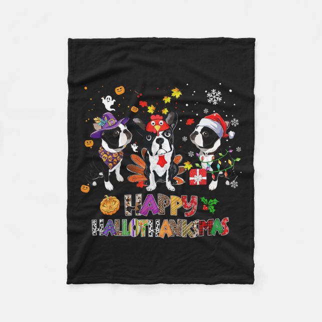 Thanksgiving Christmas Boston Terrier Dog Hallotha Fleece Blanket (Front)