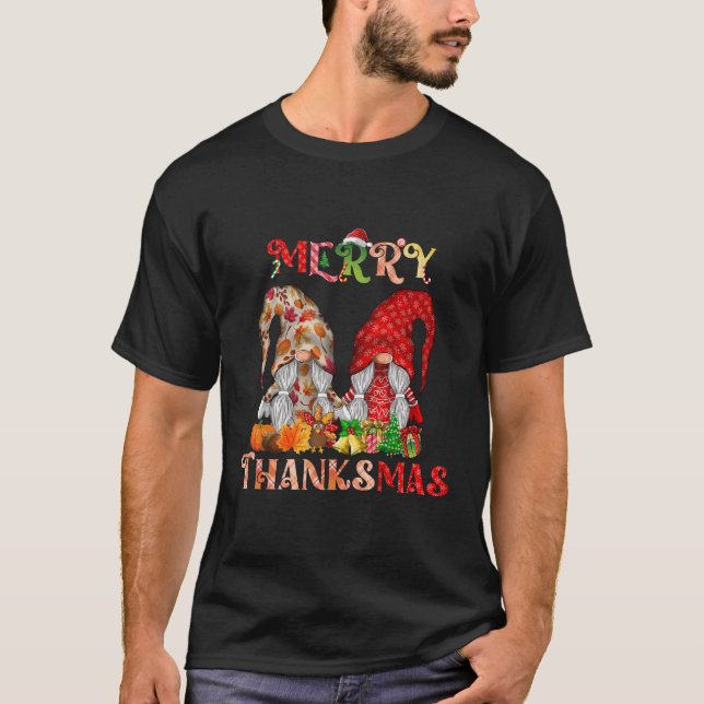 Thanksgiving Christmas Merry Thanksmas Gnomes T-Shirt (Front)