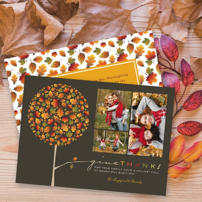 Thanksgiving Colourful Leaves Pop Tree 3 Photo Holiday Card (Creator Uploaded)