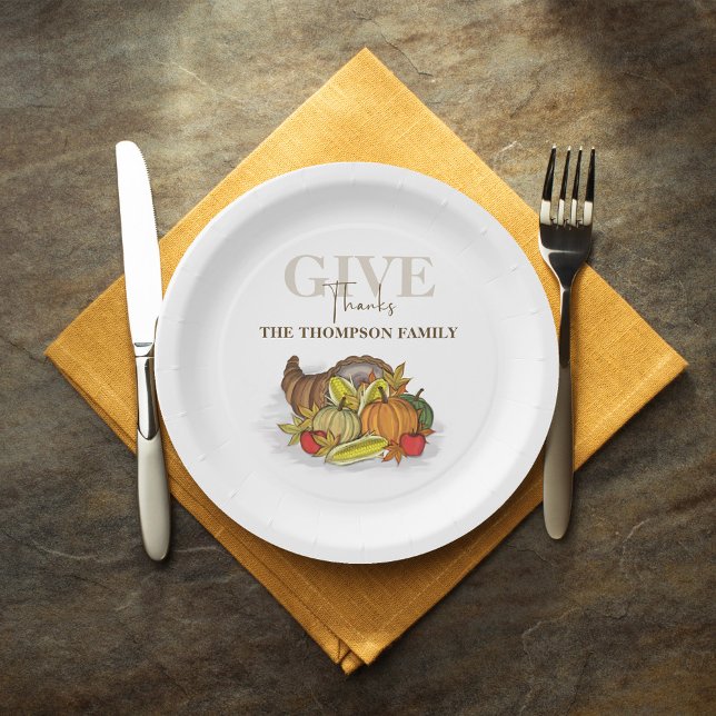 Thanksgiving Cornucopia Elegant Give Thanks Autumn Paper Plate (Give thanks Thanksgiving harvest cornucopia custom paper plate. )