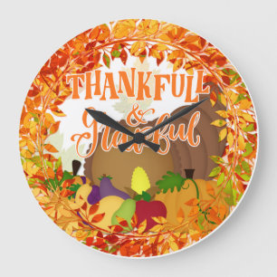 Thanksgiving Cornucopia - Thankful & Grateful Large Clock