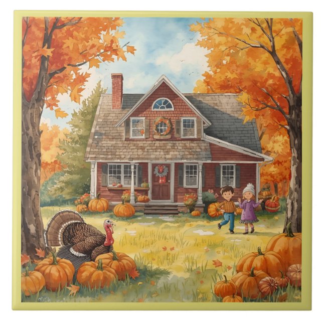 Thanksgiving, Cosy House Thanksgiving Tradition .  Tile (Front)