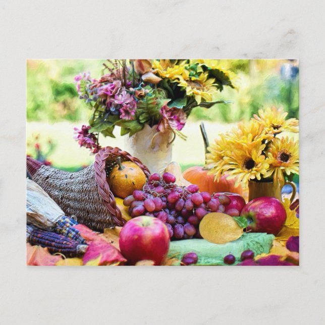 Thanksgiving Cronucopia with Fruits and Flowers Holiday Postcard (Front)