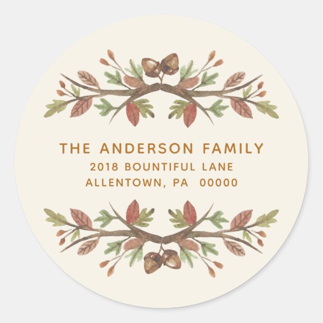 THANKSGIVING CUTE FALL FOLIAGE RETURN ADDRESS CLASSIC ROUND STICKER (Front)