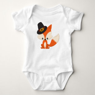 Thanksgiving, Cute Fox, Pilgrim Fox, Pilgrim Hat Baby Bodysuit
