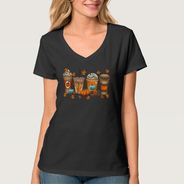 Thanksgiving Cute Latte Coffee Pumpkin Fall Leaf T T-Shirt (Front)