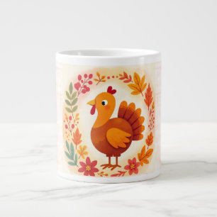 Thanksgiving, Cute Turkey with Autumn Flowers Large Coffee Mug