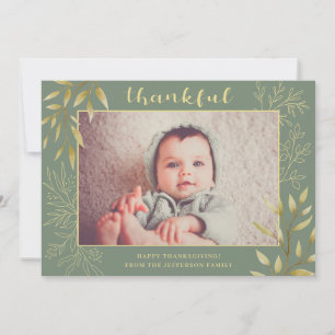 Thanksgiving Cute Watercolor Line Art Green Photo Holiday Card