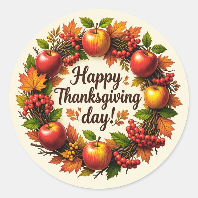Thanksgiving Day Apple Rowan Wreath Classic Round Sticker (Front)