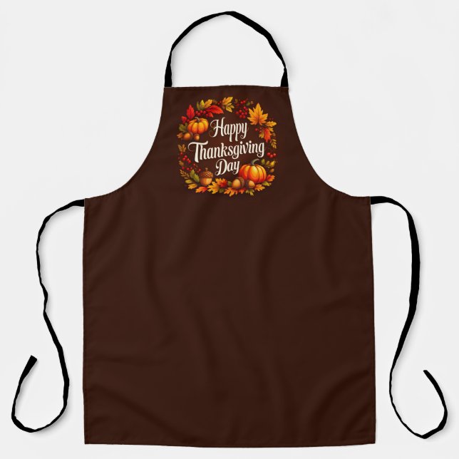 Thanksgiving Day Apron with pumpkin, leaves, acons (Front)