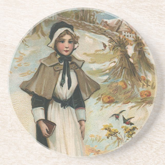Thanksgiving Day Greetings with a Pilgrim Woman Coaster (Front)